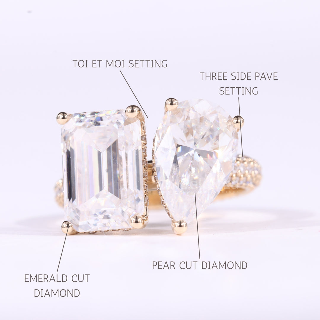 2.0CTW Emerald & Pear Cut Toi Et Moi Three Side Pave Set Engagement Ring