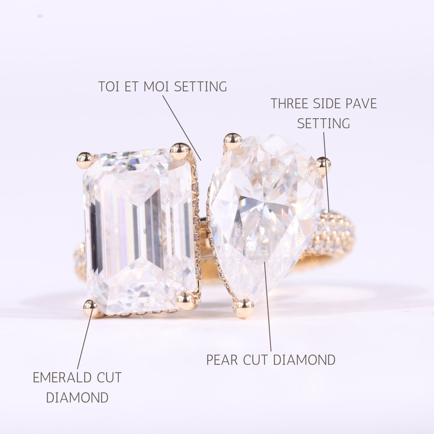 2.0CTW Emerald & Pear Cut Toi Et Moi Three Side Pave Set Engagement Ring