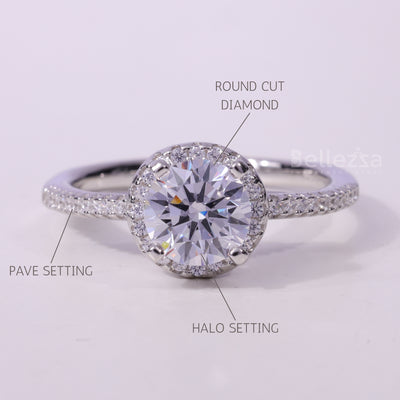 1.0CT Round Cut Halo Setting Moissanite Engagement Ring