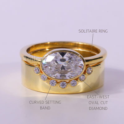 1.50CT East-west Oval Cut Diamond Curved Moissanite Bridal Ring Set
