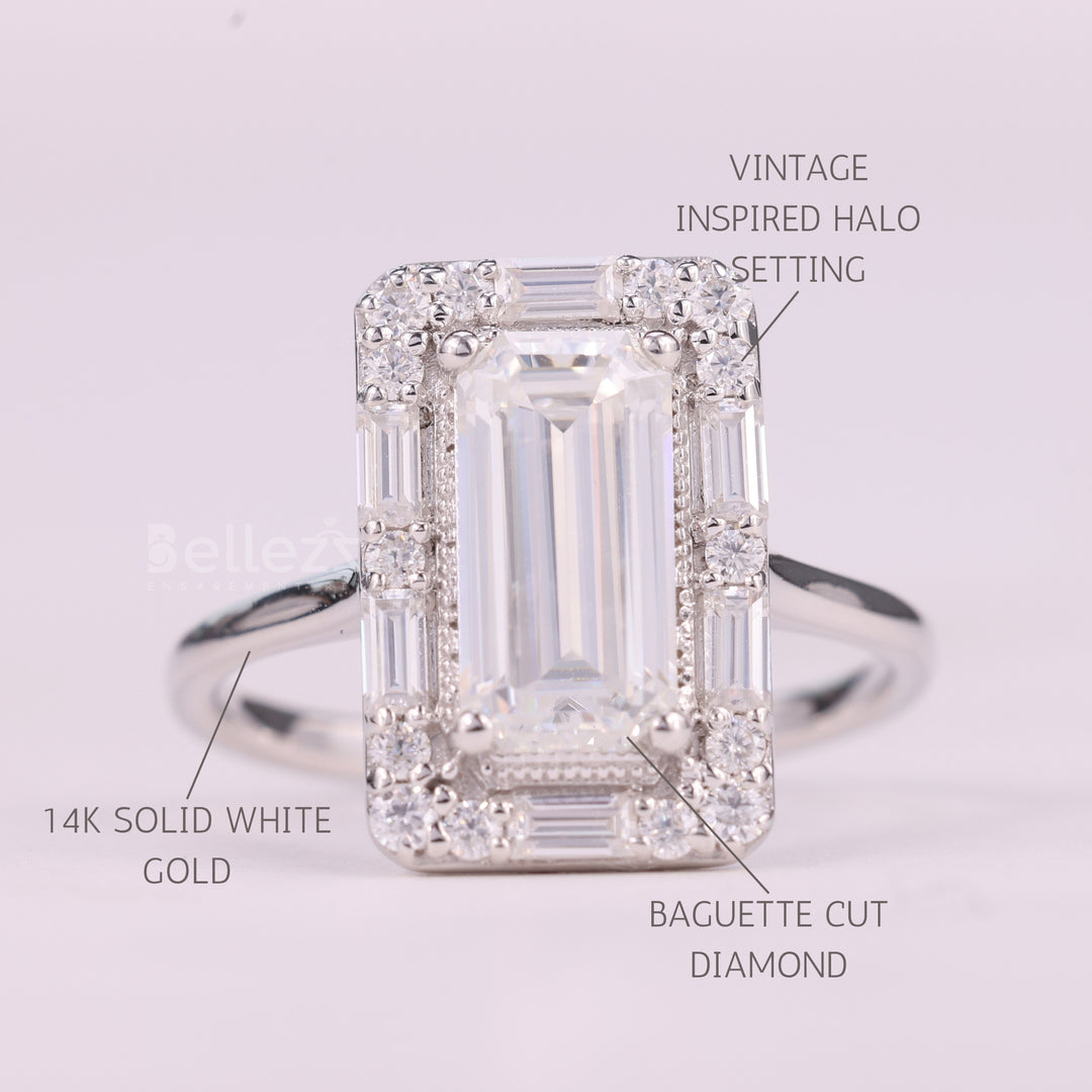 1.50CT Baguette Cut Halo Cluster Diamond Moissanite Engagement Ring