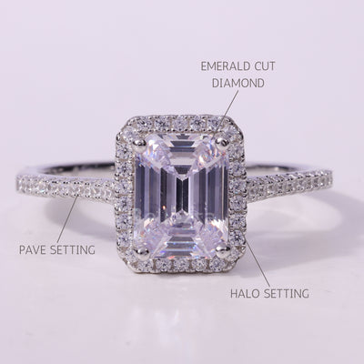 1.0CT Emerald Cut Halo Setting Moissanite Engagement Ring