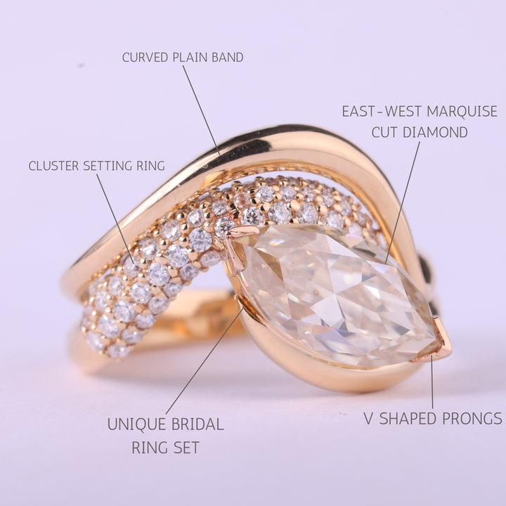 1.50CT East-West Marquise Cut Curved Moissanite Bridal Ring Set