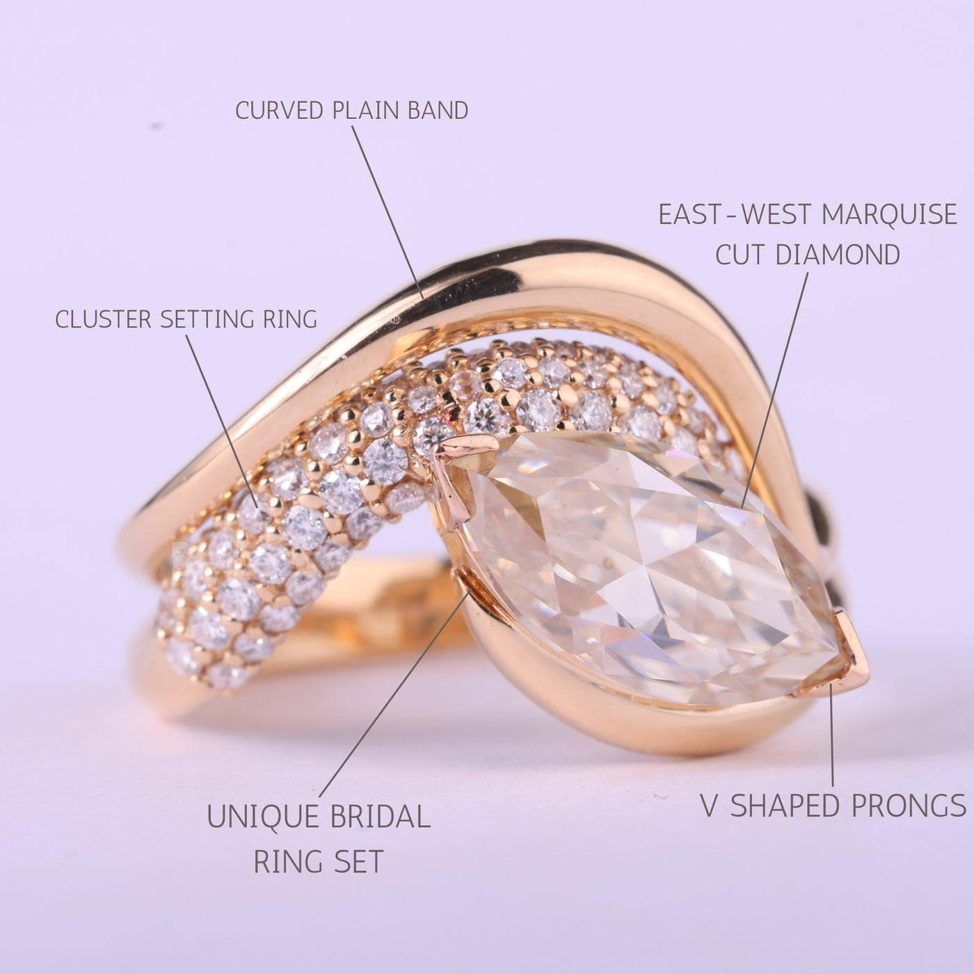 1.50CT East-West Marquise Cut Curved Moissanite Bridal Ring Set