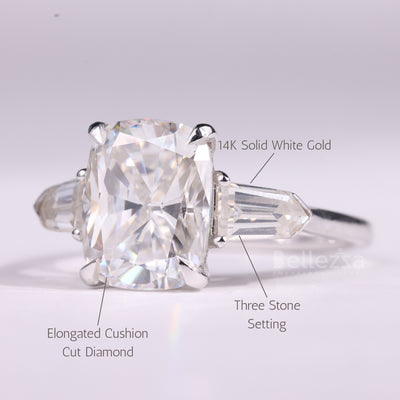 2.0CT Elongated Cushion Cut Three Stone Moissanite Engagement Ring