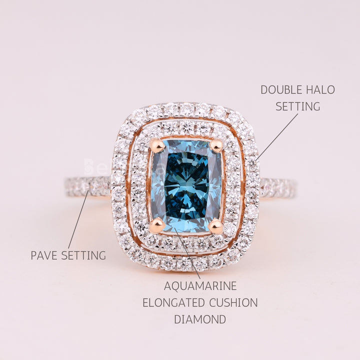 1.50CT Aquamarine Blue Elongated Cushion Cut Double Halo Engagement Ring