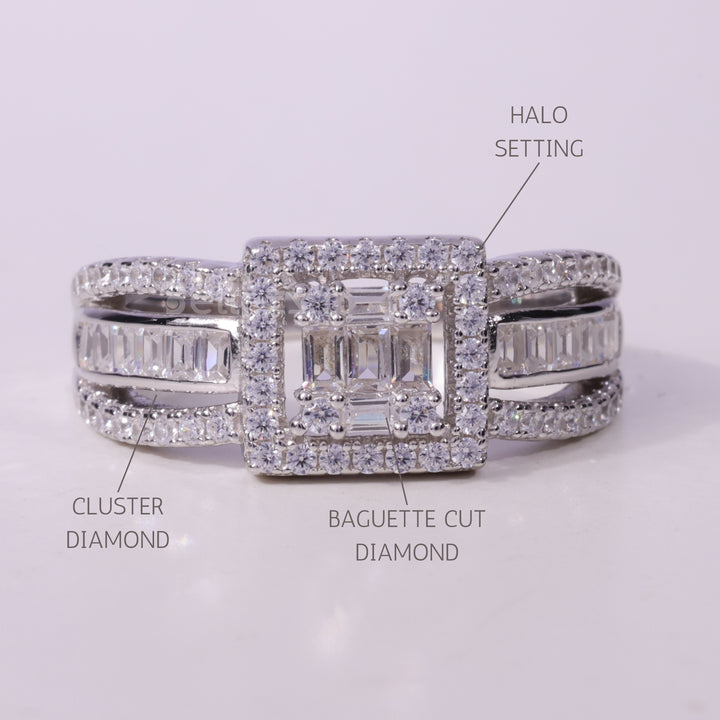 Round & Baguette cut Cluster Diamond Moisssanite Engagement Ring