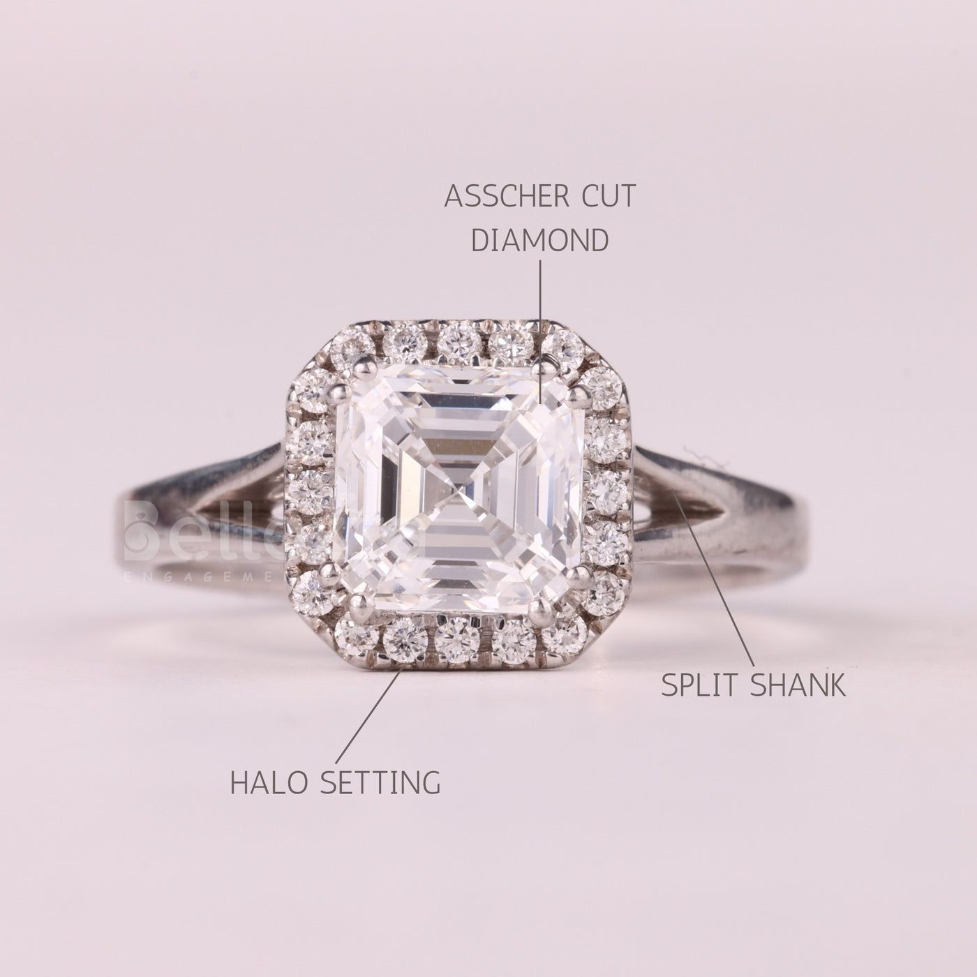 1.0CT Asscher Cut Halo Setting Split Shank Moissanite Engagement Ring