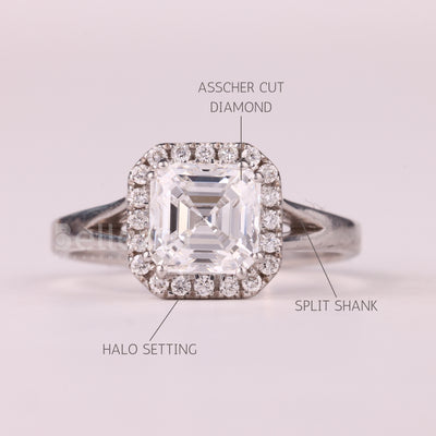 1.0CT Asscher Cut Halo Setting Split Shank Moissanite Engagement Ring