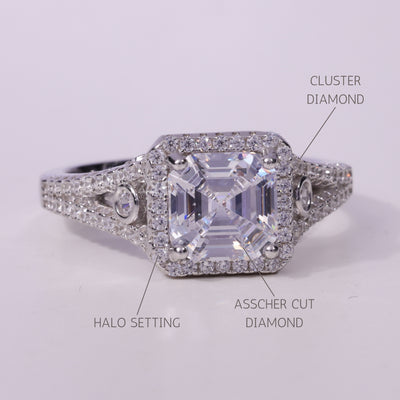 1.50CT Asscher Cut Cluster Diamond Moissanite Engagement Ring