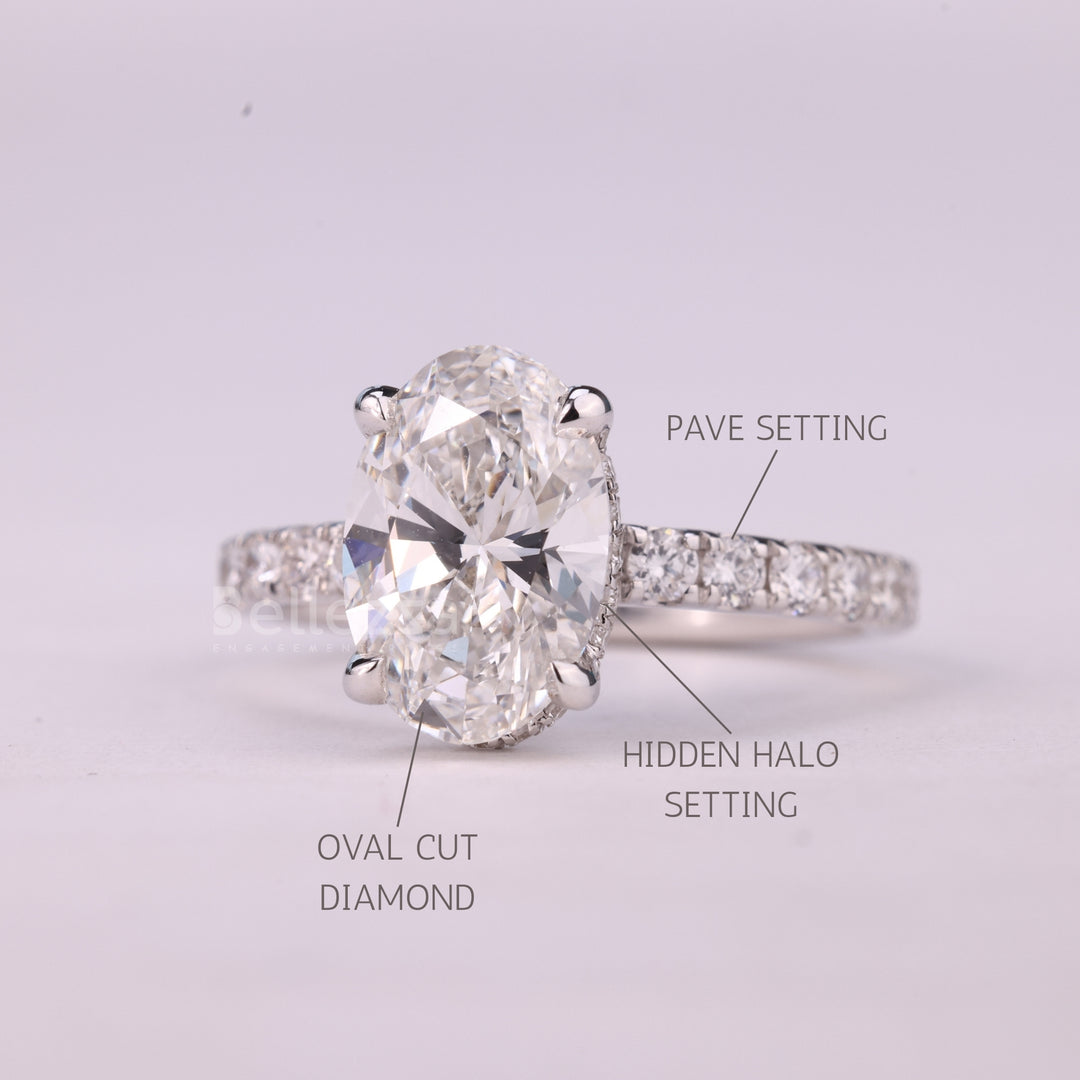 1.0CT Oval Cut Hidden Halo Pave Setting Moissanite Engagement Ring