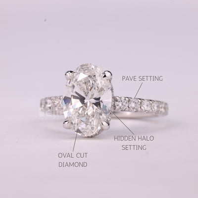 1.0CT Oval Cut Hidden Halo Pave Setting Moissanite Engagement Ring