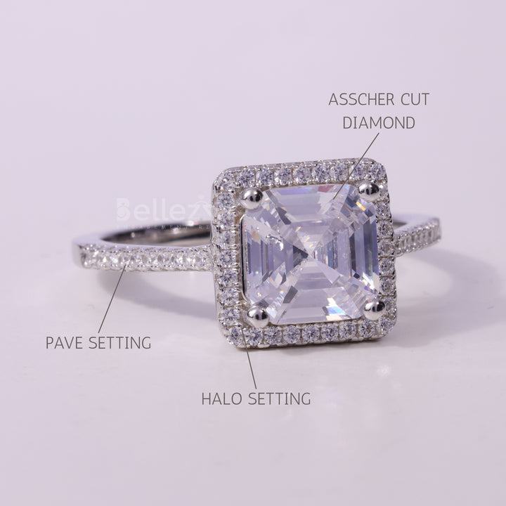 1.0CT Asscher Cut Pave Setting Moissanite Engagement Ring
