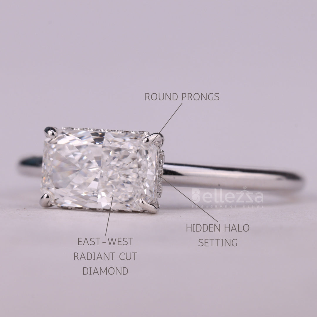 1.0CT East-West Radiant Cut Hidden Halo Moissanite Engagement Ring