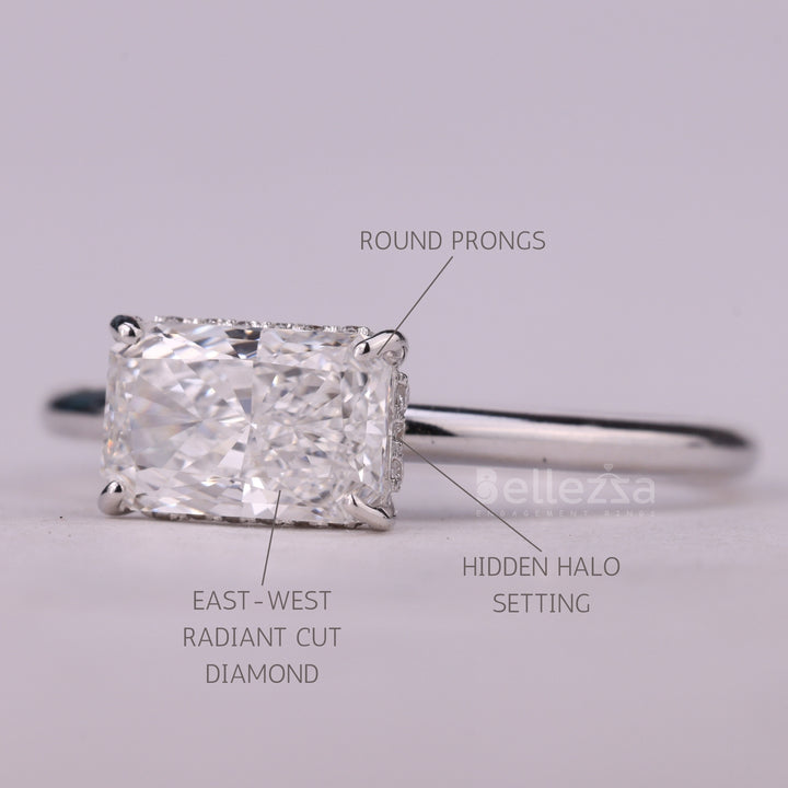 1.0CT East-West Radiant Cut Hidden Halo Moissanite Engagement Ring