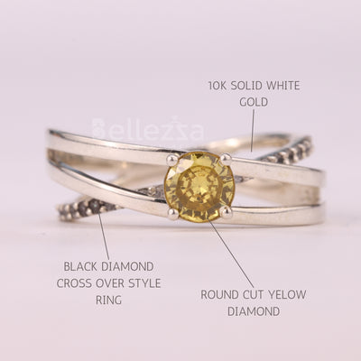 0.7CT Round Cut Yellow Diamond Unique Crossover Engagement Ring