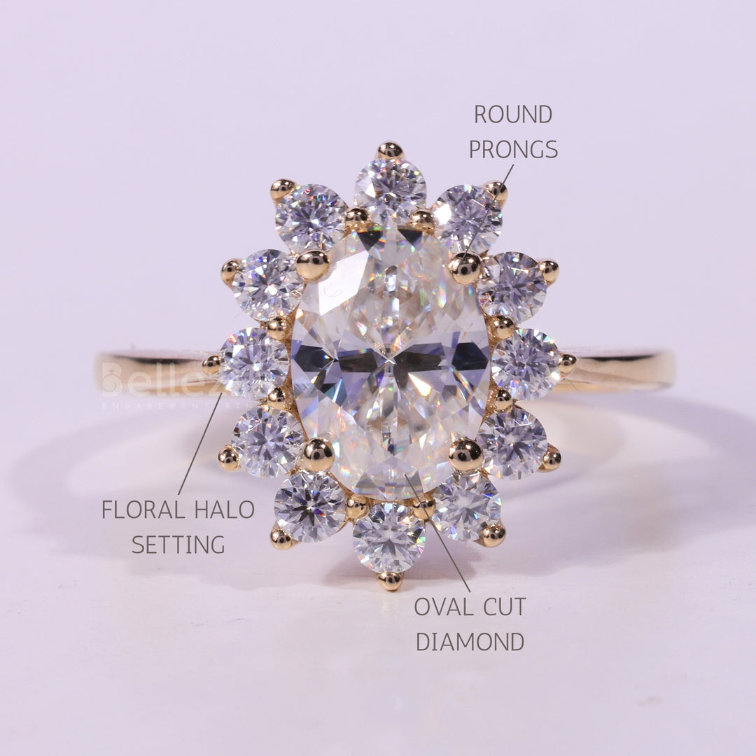 1.0CT Oval Cut Floral Halo Moissanite Engagement Ring