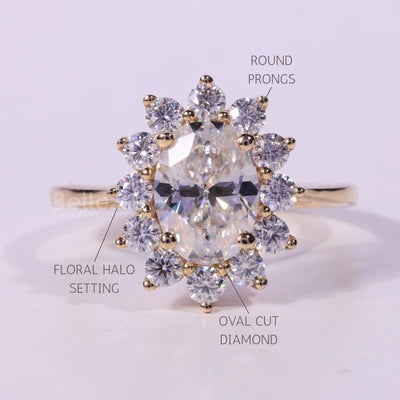 1.0CT Oval Cut Floral Halo Moissanite Engagement Ring