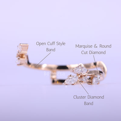 Marquise & Round Cut Cluster Diamond Open Cuff Style Band