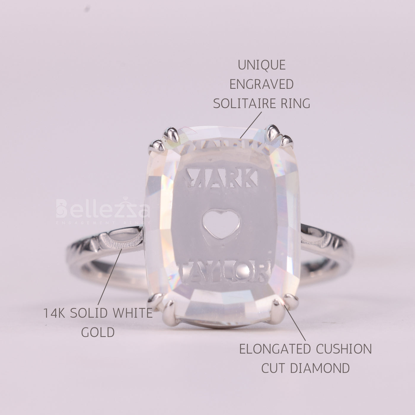 5.0CT Elongated Cushion Cut Unique Engraved Solitaire Engagement Ring