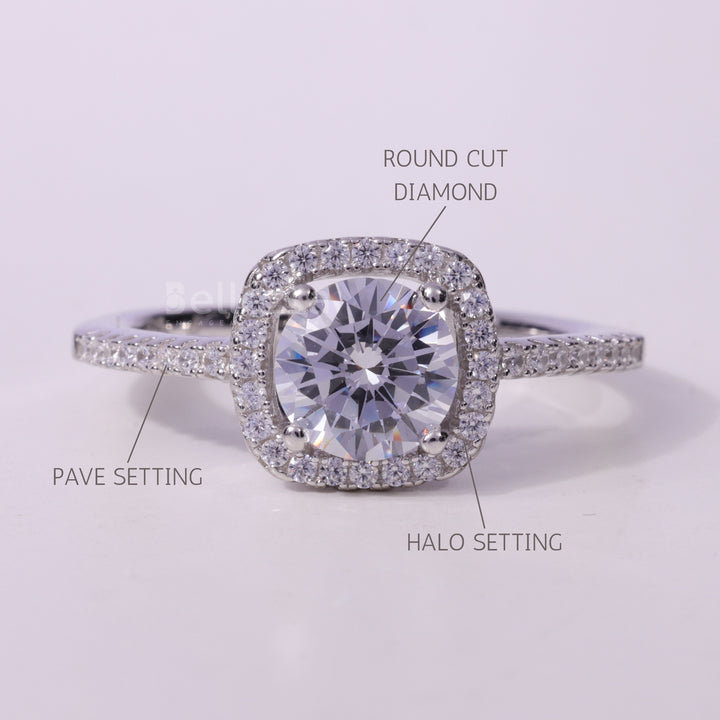 1.0CT Round Cut Halo Pave Setting Moissanite Engagement Ring