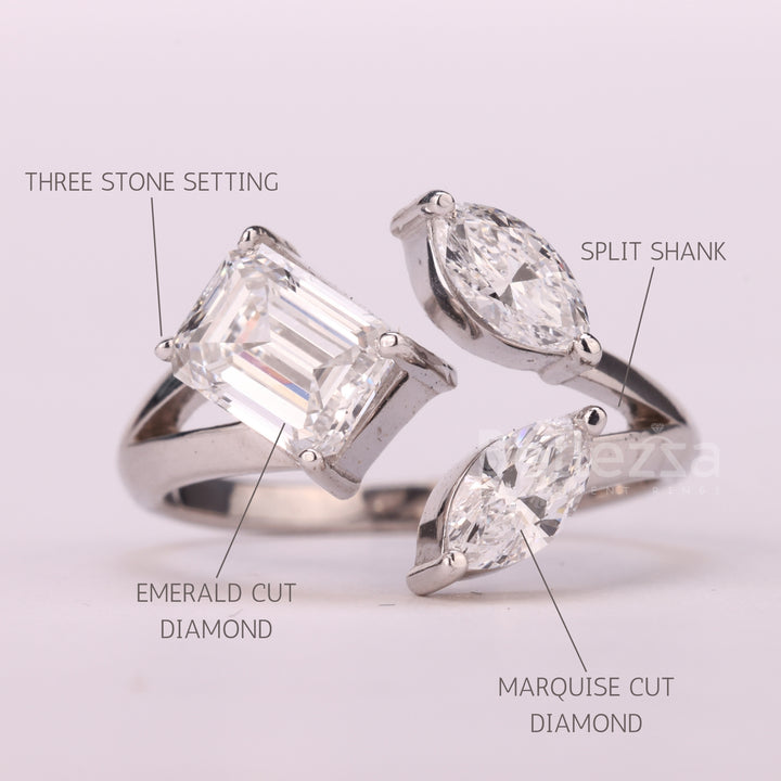 1.50TCW Emerald & Marquise Unique Open Three Stone Engagement Ring