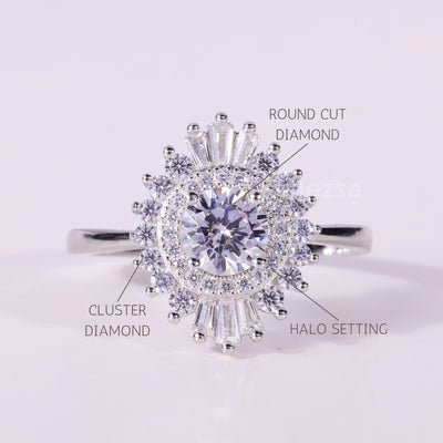 0.50CT Round Cut Halo Cluster Diamond Moissanite Engagement Ring