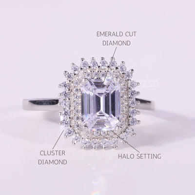 1.0CT Emerald Cut Diamond Cluster Setting Moissanite Engagement Ring
