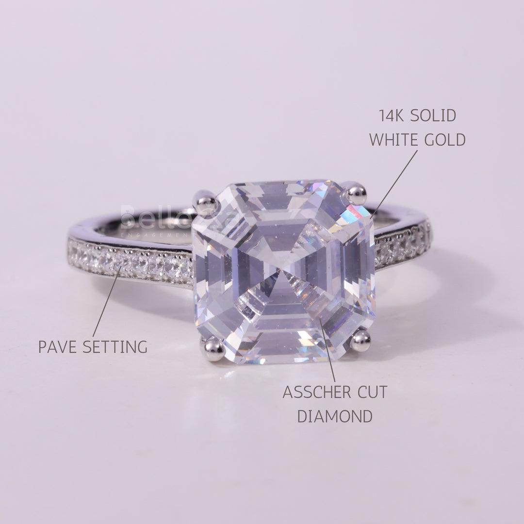 2.0CT Asscher Cut Pave Setting Moissanite Engagement Ring