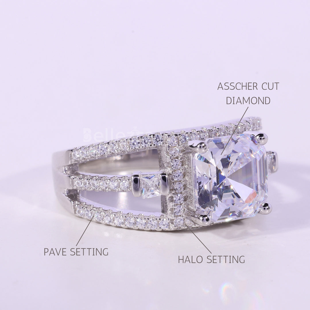 1.0CT Asscher Cut Cluster Diamond Moissanite Engagement Ring