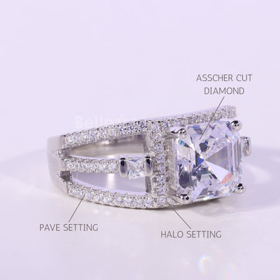 1.0CT Asscher Cut Cluster Diamond Moissanite Engagement Ring