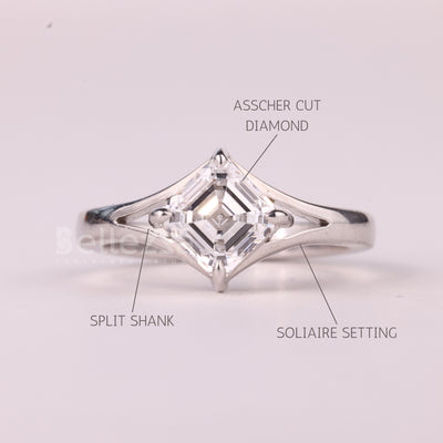 1.0CT Asscher Cut Solitaire Diamond Split Shank Engagement Ring