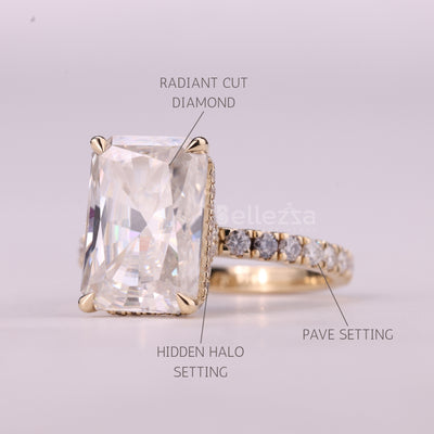 5.0CT Radiant Cut Hidden Halo Pave Setting Moissanite Engagement Ring