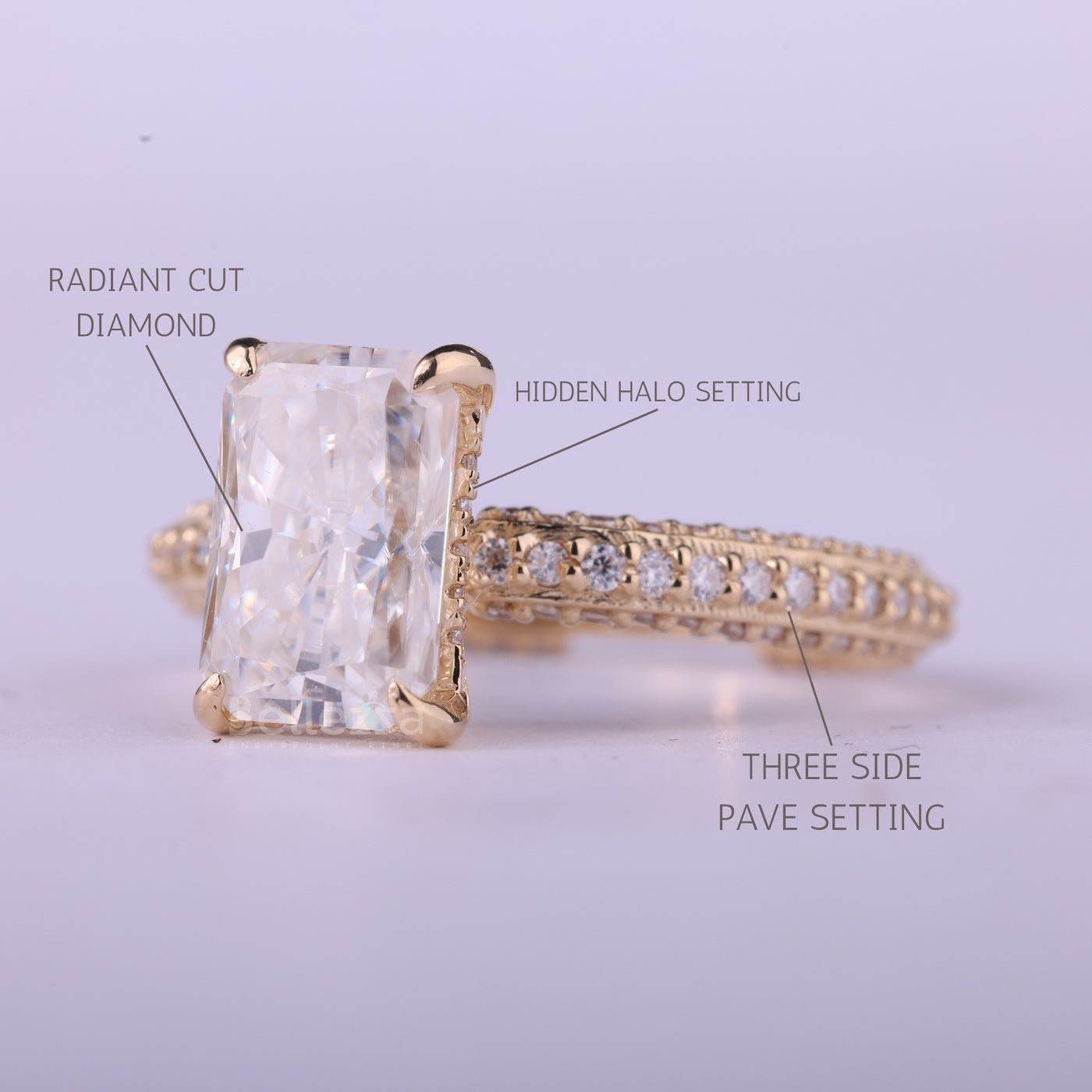 1.0CT Radiant Cut Three Side Pave Setting Moissanite Engagement Ring