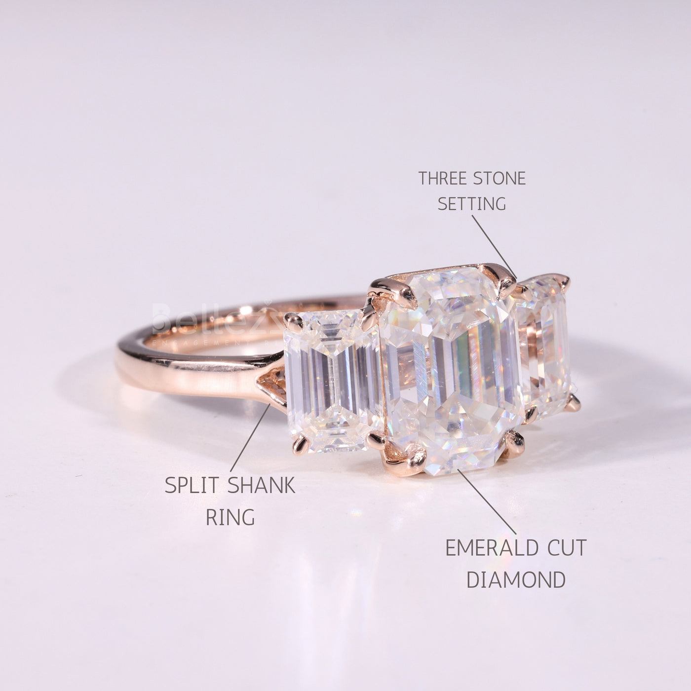 1.0CT Emerald Cut Three Stone Moissanite Engagement Ring