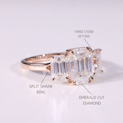 1.0CT Emerald Cut Three Stone Moissanite Engagement Ring