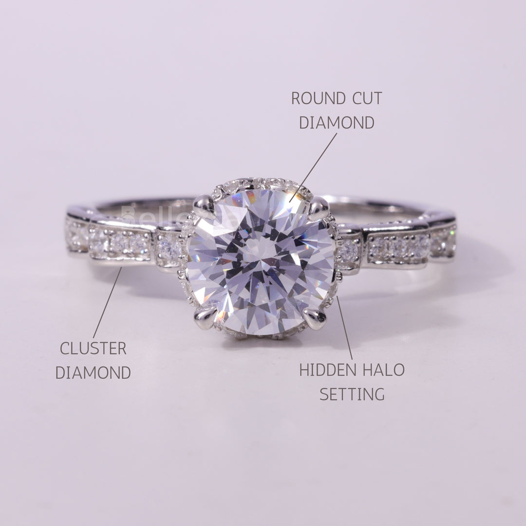1.0CT Round Cut Cluster Diamond Moissanite Engagement Ring