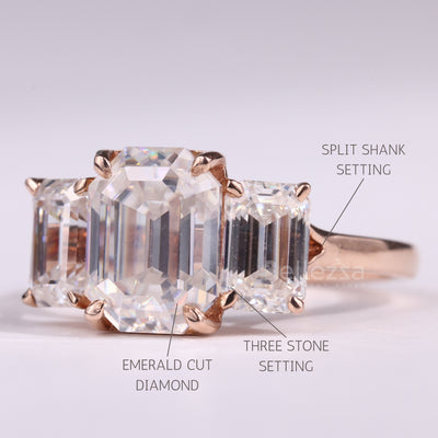 1.50CT Emerald Cut Three Stone Moissanite Engagement Ring