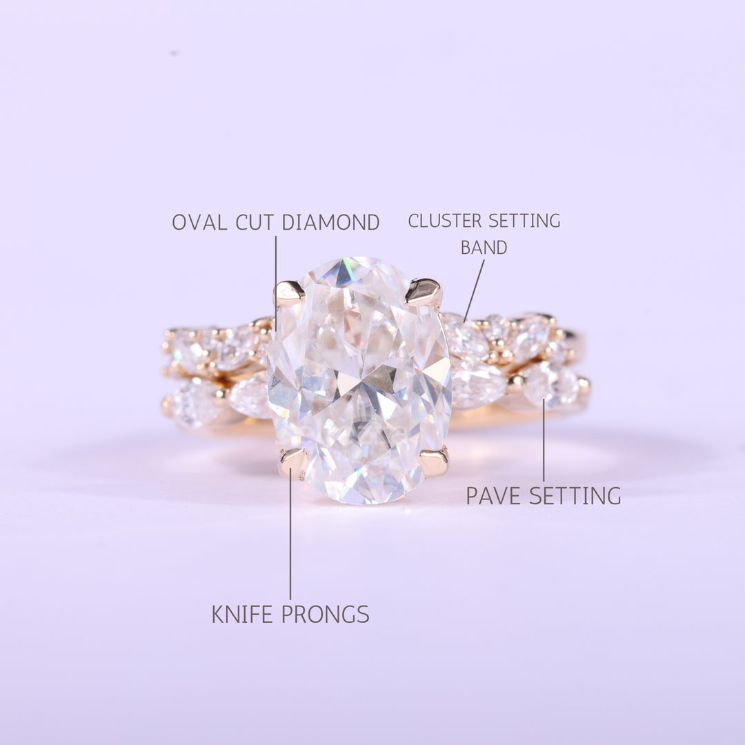 1.50CT Oval Cut Cluster Pave Setting Moissanite Bridal Ring Set