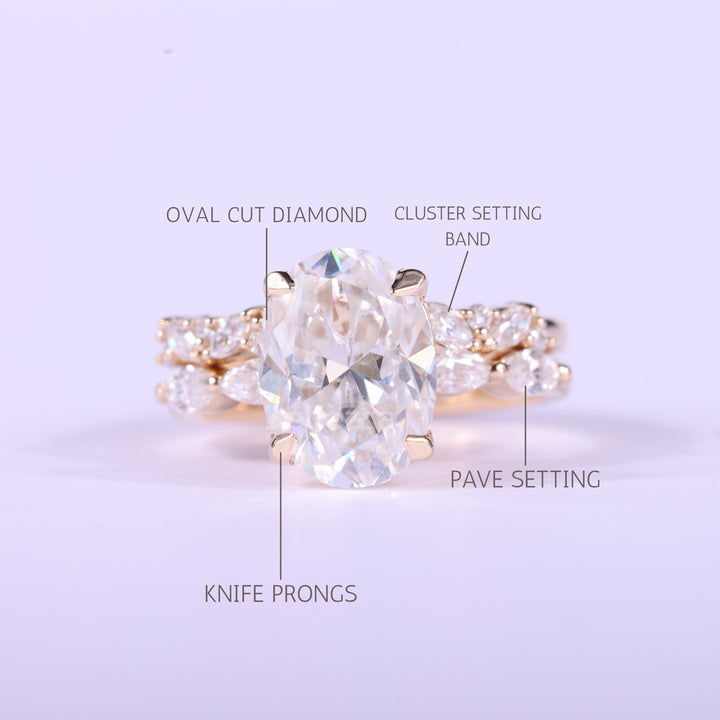 1.50CT Oval Cut Cluster Pave Setting Moissanite Bridal Ring Set
