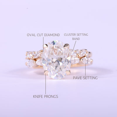 1.50CT Oval Cut Cluster Pave Setting Moissanite Bridal Ring Set