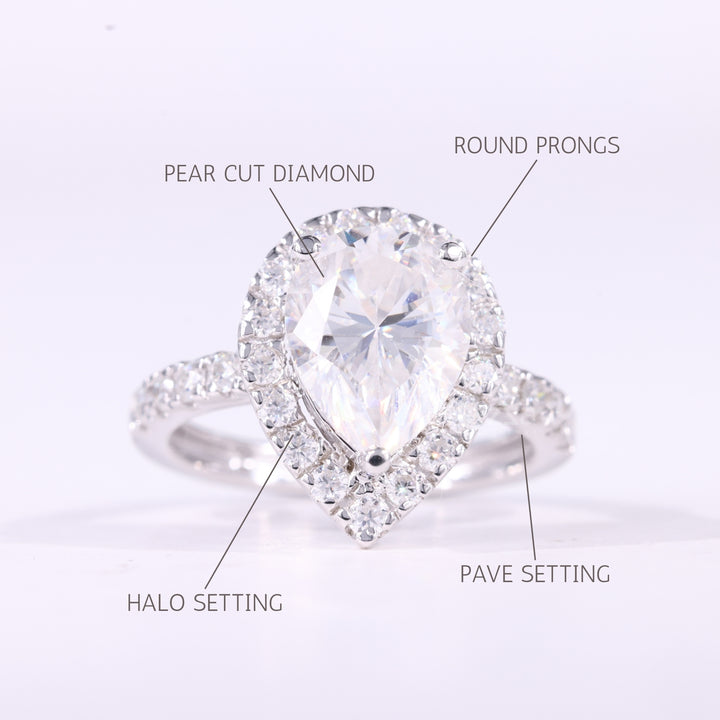 1.0CT Pear Cut Halo Setting Moissanite Engagement Ring