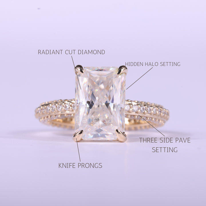 1.50CT Radiant Cut Three Side Pave Setting Moissanite Engagement Ring