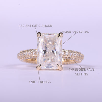 1.50CT Radiant Cut Three Side Pave Setting Moissanite Engagement Ring