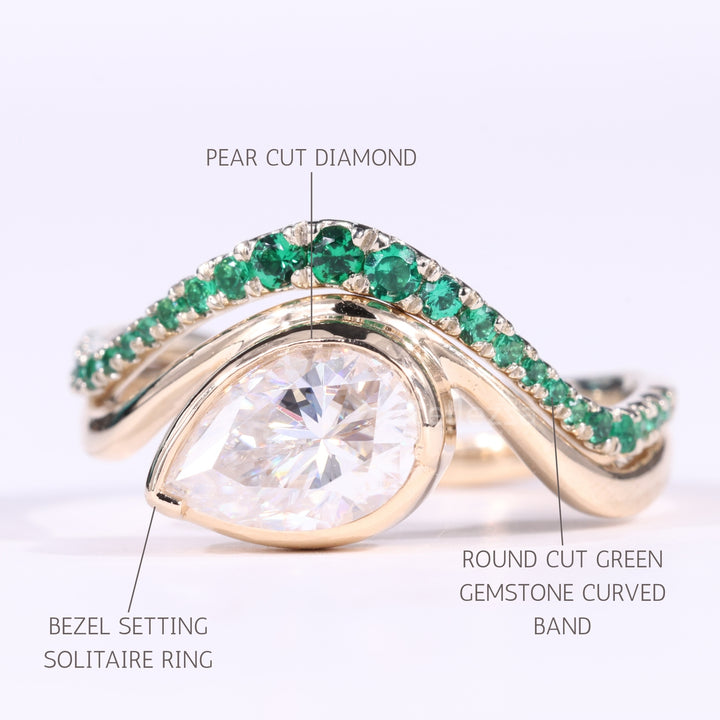 1.0CT East-West Pear Cut Unqiue Curved Green Gemstone Bridal Ring Set