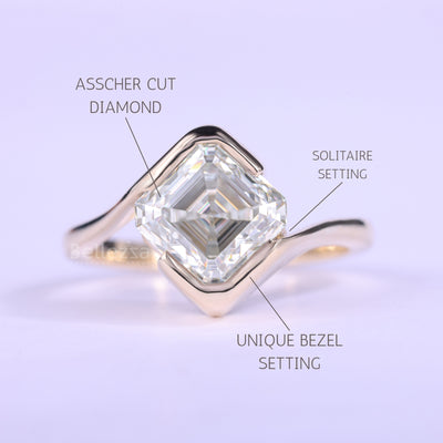 1.50CT Asscher Cut Unique Bezel Set Solitaire Engagement Ring