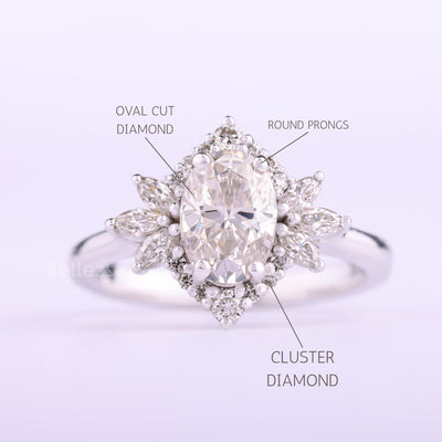 1.0CT Oval Cut Cluster Diamond Moissanite Engagement Ring