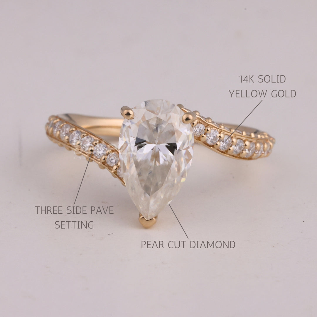 1.0CT Pear Cut Three Side Pave Setting Moissanite Engagement Ring