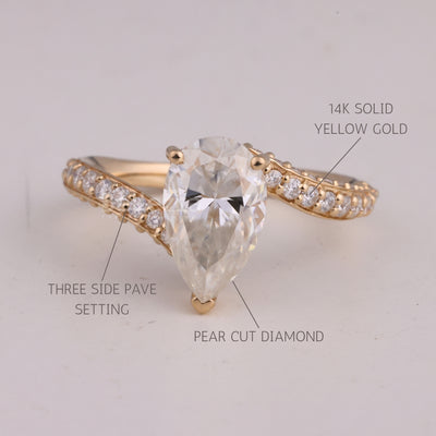 1.0CT Pear Cut Three Side Pave Setting Moissanite Engagement Ring