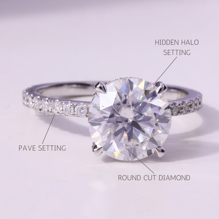 1.0CT Round Cut Hidden Halo Pave Setting Moissanite Engagement Ring